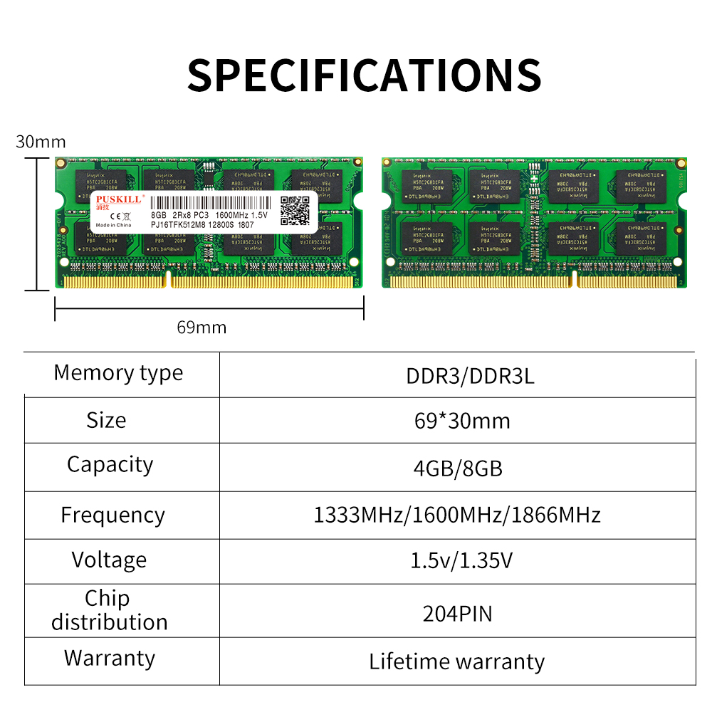 DDR3 Laptop computer RAM Reminiscence Module 4GB/8GB, 1333MHz/1600MHz, 1.35V/1.5V