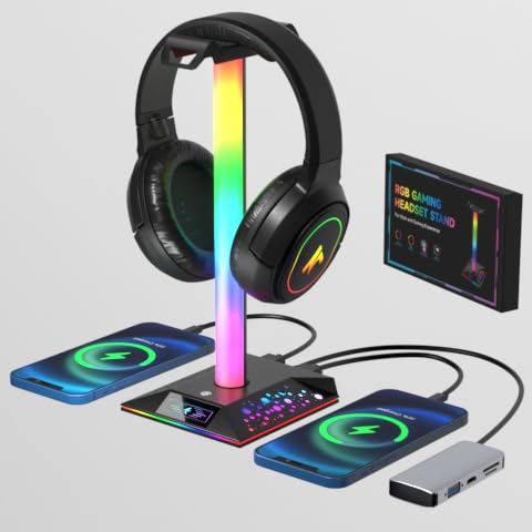 RGB Gaming Headphone Stand with USB Charger – Trendy LED Headset Holder for PC Equipment, Good Reward for Avid gamers, Boys, and Males